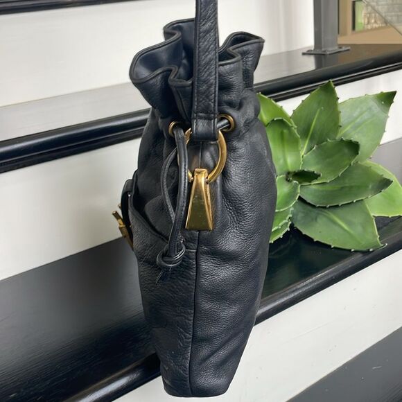 Italian Leather bucket bag crossbody shoulder handbag drawstring black gold - Picture 5 of 13